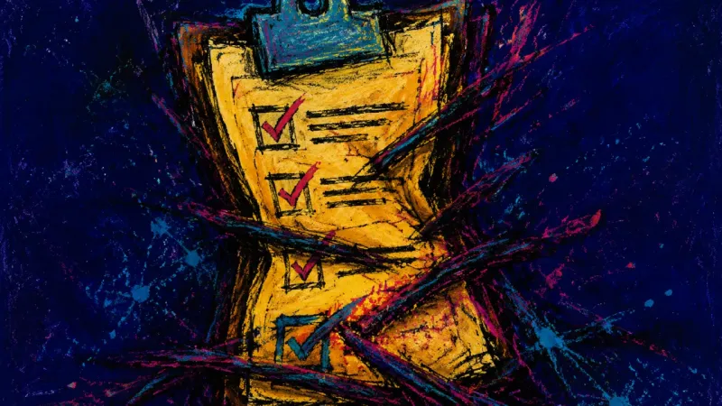 Checklist Under Siege A warped clipboard trapped in crossed lines, representing capstone completion avoidance and the fear
