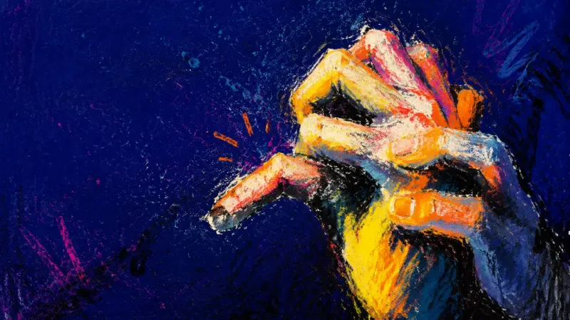 Two hands lock into a cramped grip, reflecting the urge to force belonging through self-disclosure