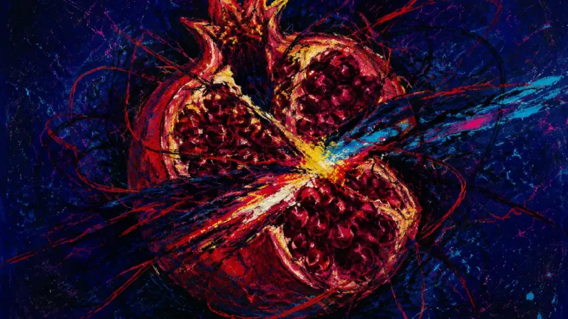 A pomegranate wrenched into compressed chambers, representing oversharing, social hypervigilance,