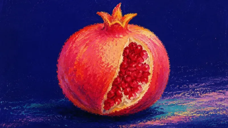 A restored pomegranate reveals one orderly chamber while the others remain intact, symbolizing paced