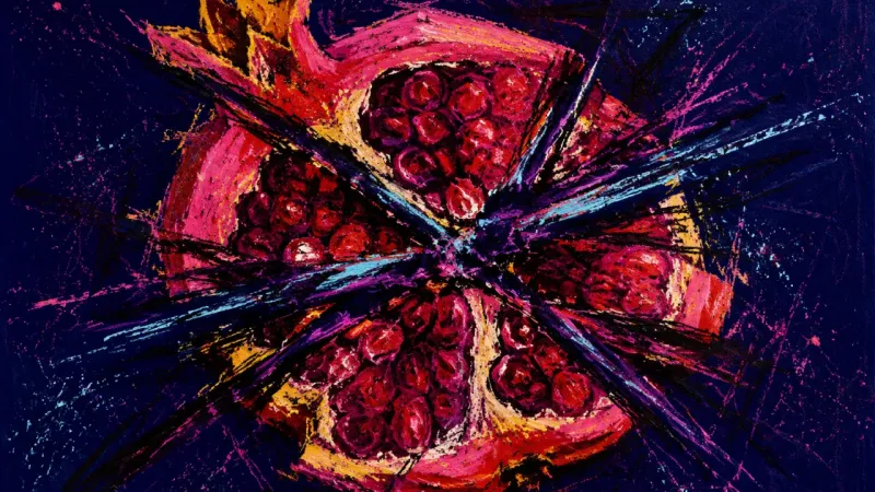A pomegranate with crushed chambers and tangled lines, representing hypervigilance in a pull-request