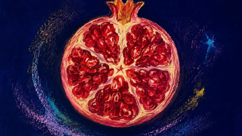 A restored pomegranate with evenly ordered chambers, representing shared review standards, with no‌