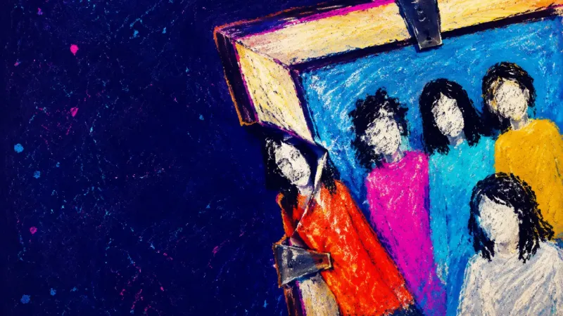 Edited Belonging An undersized family photo frame hides one faceless figure, symbolizing self-erasure used to protect