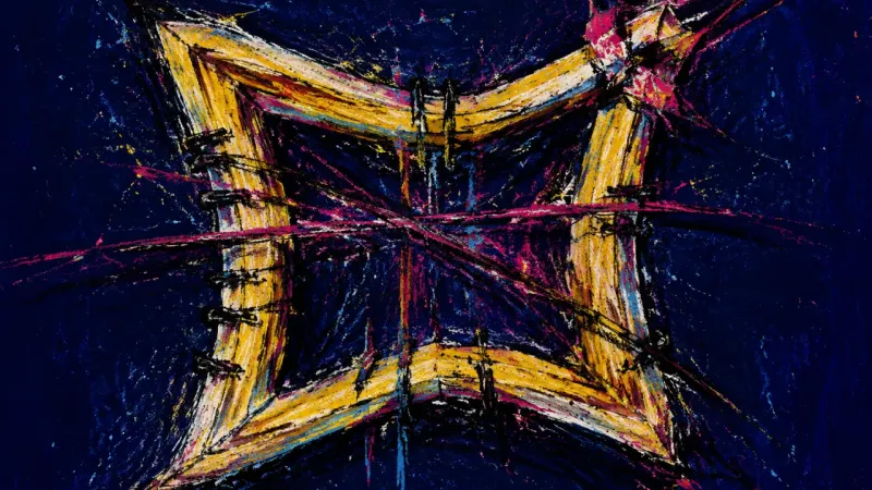 Frame Under Pressure A crushed picture frame bound by chaotic lines, representing self-silencing used to preserve family