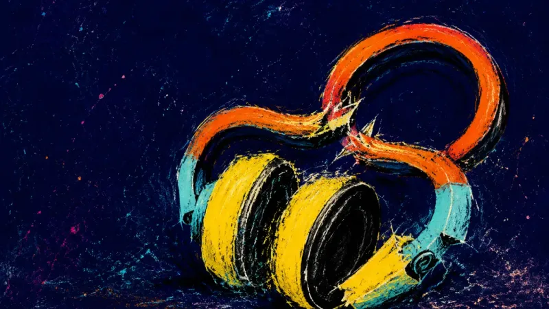 The Refusal to Hear Over-ear headphones twisted shut at the hinges, symbolizing how defensive certainty blocks feedback