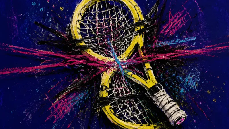 Fractured Exchange A crushed tennis racket bound by tangled lines, representing defensive bluntness that values being