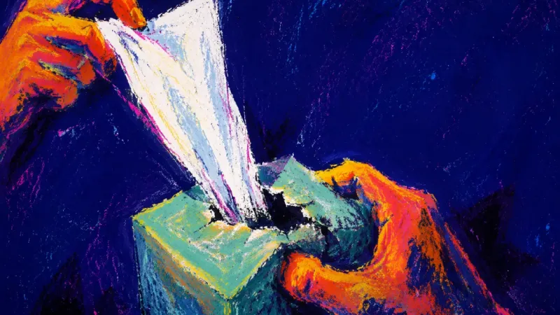 Care Until Empty One cropped hand offers the final tissue while the other crushes the empty box, symbolising care