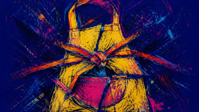 Apron of Erasure An apron crushed by knotted ties and jagged lines, representing self-erasure and the strain of