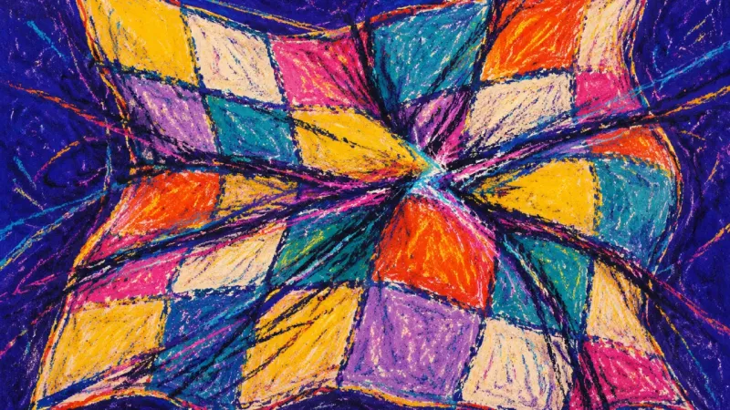 Quilt Under Verdict A compressed patchwork quilt crossed by chaotic lines, representing choice paralysis and the belief