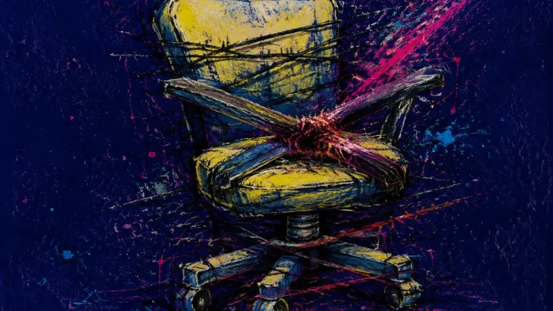 Seat Under Verdict An office chair is crushed into disorder, representing moralised self-abandonment under the pressure