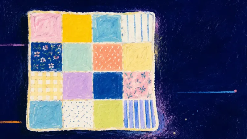 A Revisable Whole A restored patchwork quilt with balanced divisions, symbolizing choice paralysis eased through small