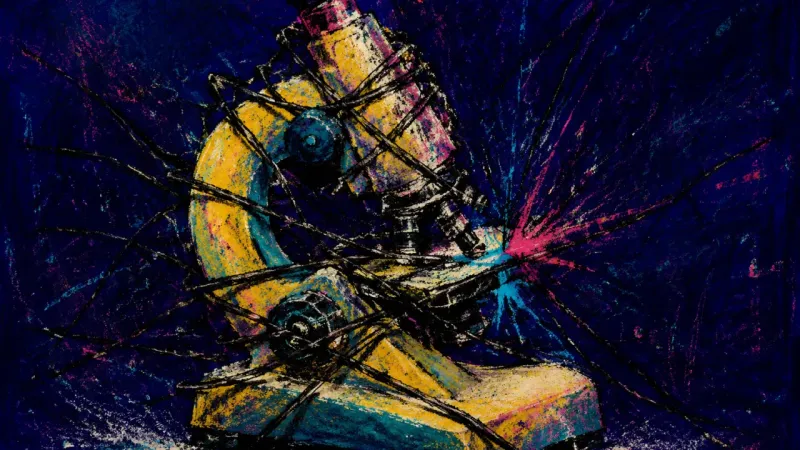 A crushed microscope bound by chaotic lines, representing career stagnation and the pressure of6