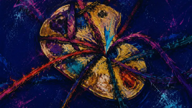 Palette Under Verdict A distorted artist palette trapped by tangled bands, representing shame, reassurance-seeking, and