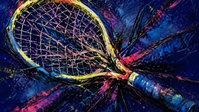 Overstrung Belonging A distorted tennis racket with tangled strings, representing family-boundary guilt and the pressure