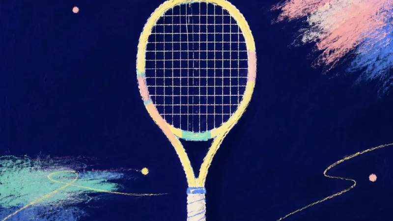 Balanced Belonging A restored tennis racket with an even string grid, representing family connection held by clear and