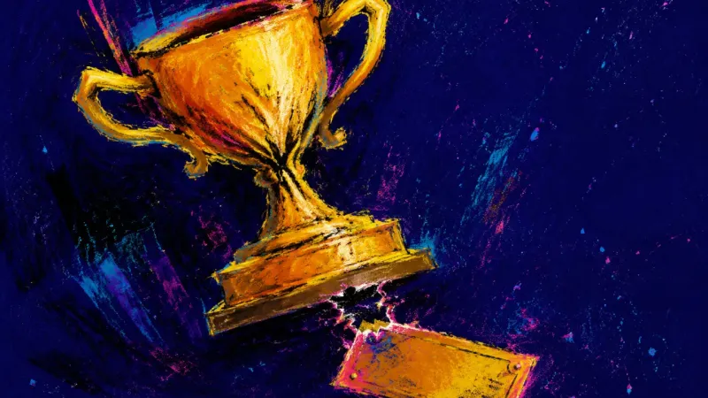 A small trophy cup with bent handles and a twisted nameplate, symbolizing the pressure of pursuing a
