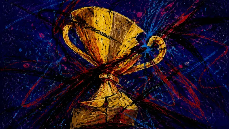 An abstract trophy engulfed by chaotic lines, representing pressure, comparison, and disconnection