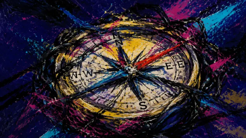 Compromised Direction A distorted compass with a spinning needle and tangled marks, representing attraction-driven doubt