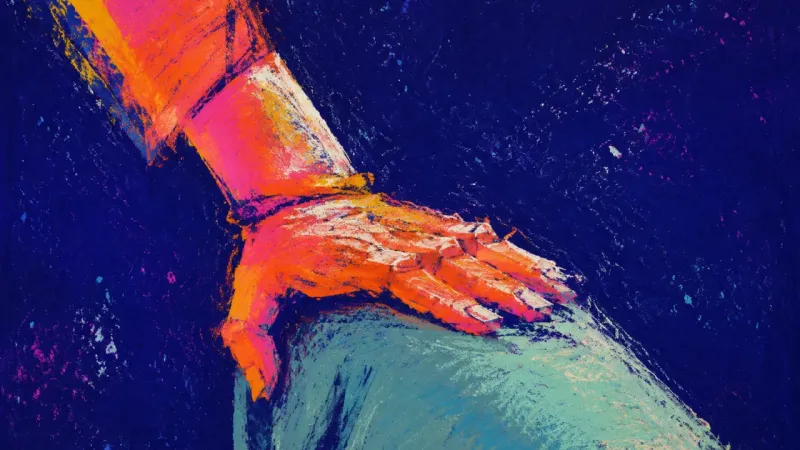 The Hidden Grip A cropped hand crushed against a seated thigh, symbolizing productive procrastination and fear of an