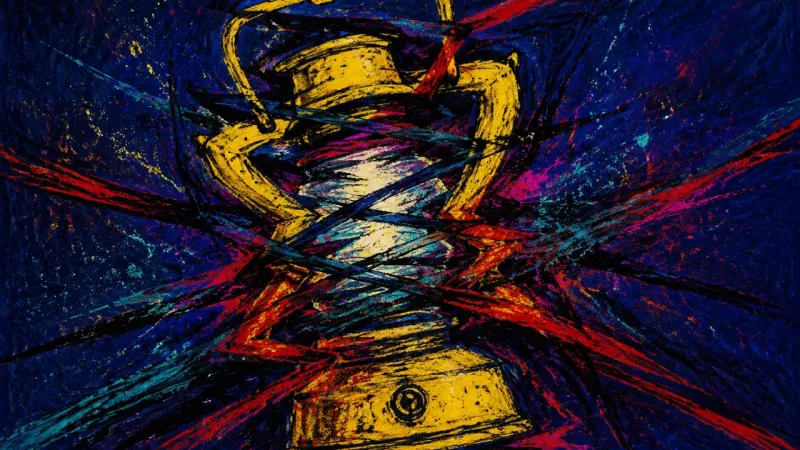 A crushed lantern bound by chaotic lines, representing advice-driven procrastination, compulsive