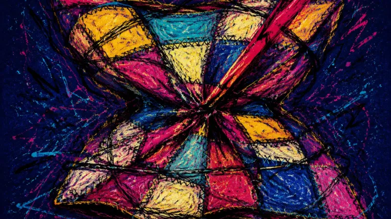 A distorted quilt bound by tangled lines, representing advice-driven procrastination and focus