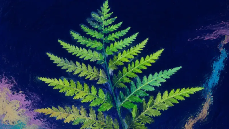 Evidence Unfurls An orderly unfurled fern represents study anxiety resolving through one practical experiment,