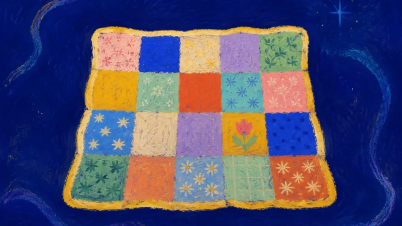 A restored quilt with aligned patches, representing advice-driven procrastination resolved through a