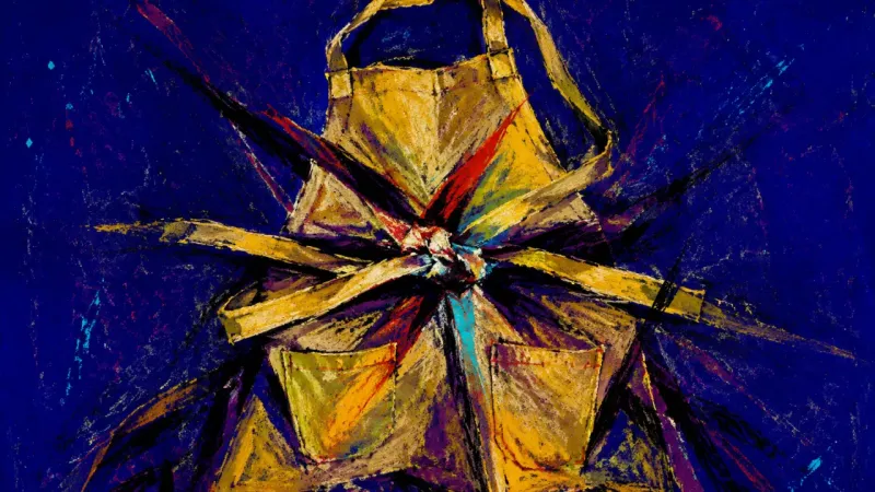 Service Under Strain A distorted apron bound into a dense knot, representing overgiving, hidden limits, and resentment