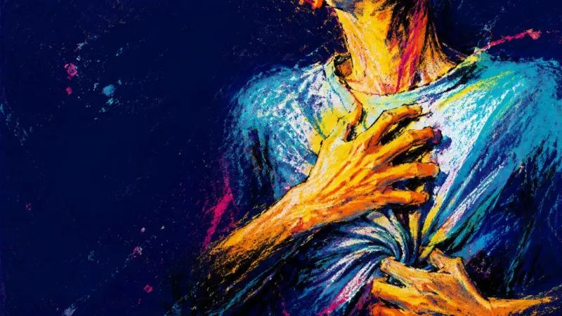 Held in Maybe A cropped torso presses one palm to the chest and twists the shirt with the other, reflecting the st