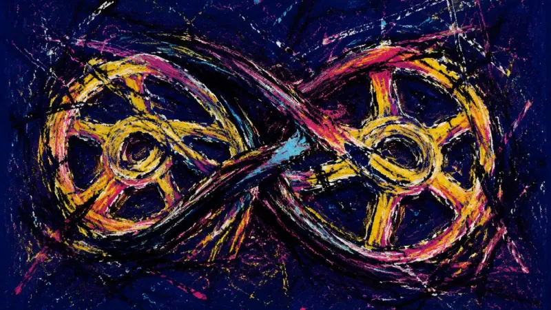 Drive Without Arrival A distorted belt drive bound by crossing lines, representing suspended hope and repeated relationsh