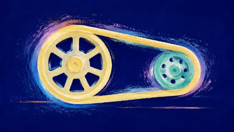 Readiness Made Visible A restored belt drive with distinct wheels and an uninterrupted loop, representing present-tense cl