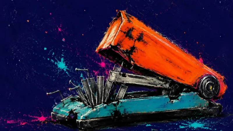Manufactured Emergency A desk stapler twisted shut around crushed staples, symbolizing procrastination that turns ordinary
