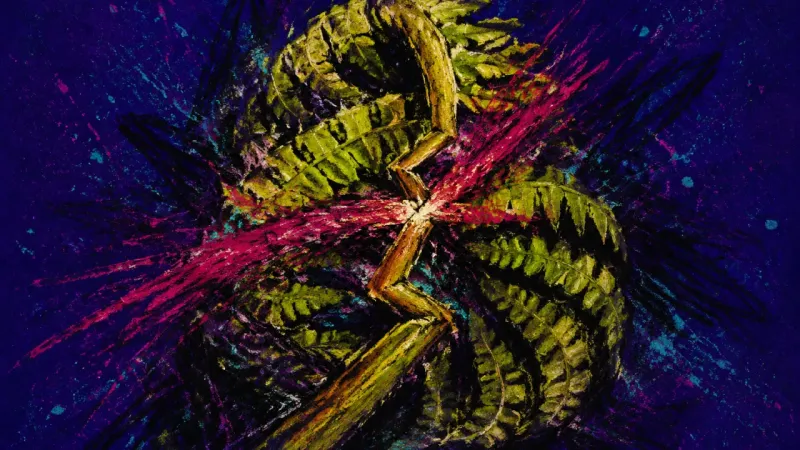 Frond Under Pressure A tightly coiled fern frond bound by chaotic lines, representing perfectionism, procrastination, and