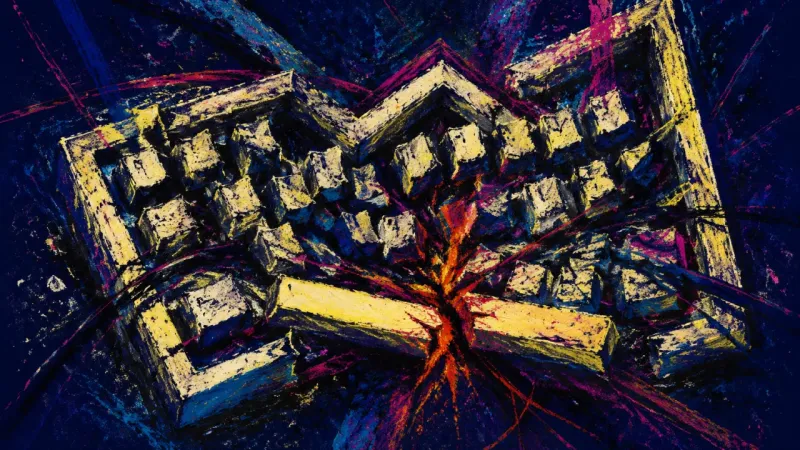 A deformed keyboard choked by tangled lines, representing how undifferentiated critique turns116