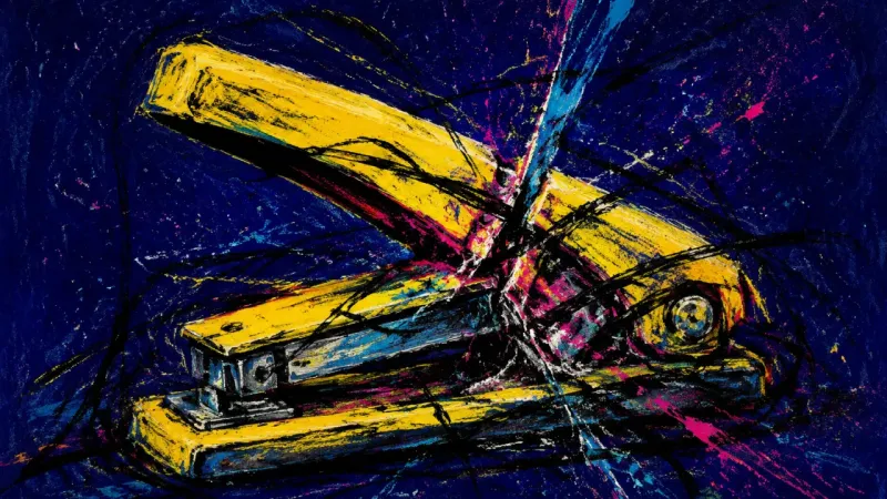 Jammed Attachment A stapler crushed by tangled strokes, representing the fear that a friend's request for space means