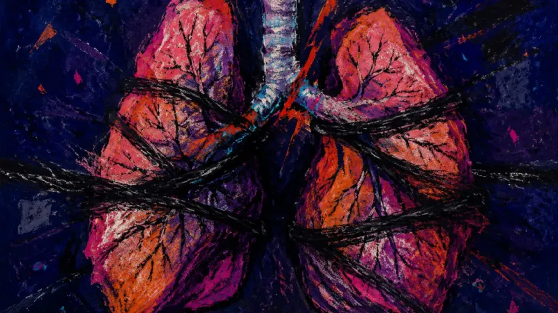 Distorted lungs bound by chaotic lines represent post-achievement emptiness and the pressure to obey