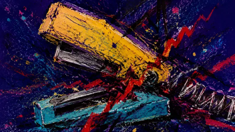 A crushed stapler bound by chaotic lines, representing anger defended as honesty and the breakdown