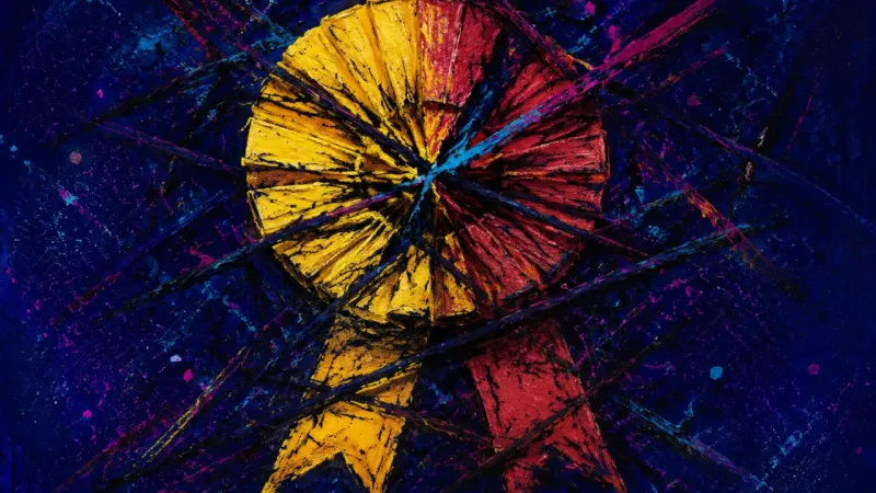 A distorted award rosette trapped in tangled marks, representing career praise becoming pressure and