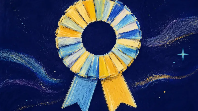An intact award rosette with open pleats and balanced tails, representing career reflection becoming