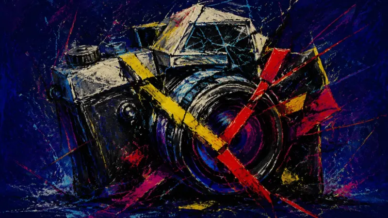 A distorted camera caught in tangled marks, representing the pressure to perform family harmony