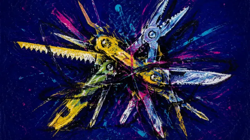 A distorted multitool choked by crossing lines, representing restless self-doubt and study-method