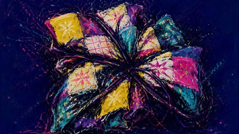 Quilt of Concealment A distorted quilt trapped in tangled lines, representing shame and the pressure to hide family pain