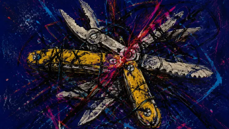 Jammed Discernment A crushed multi-tool tangled by chaotic lines, representing red-flag rationalization, sunk-cost