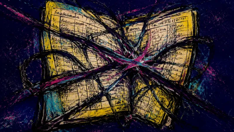 Crushed Ledger A distorted ledger crowded with tangled marks represents resentment, unequal effort, and pressure to