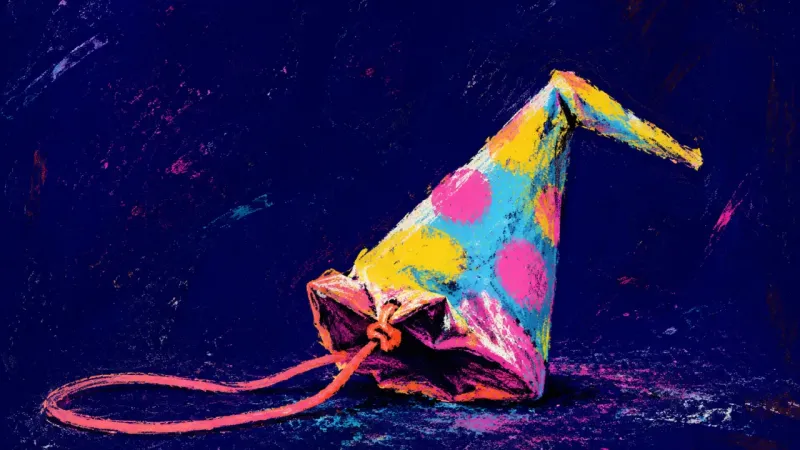 A crushed party hat symbolizes hiding an unwelcome feeling to preserve social belonging.