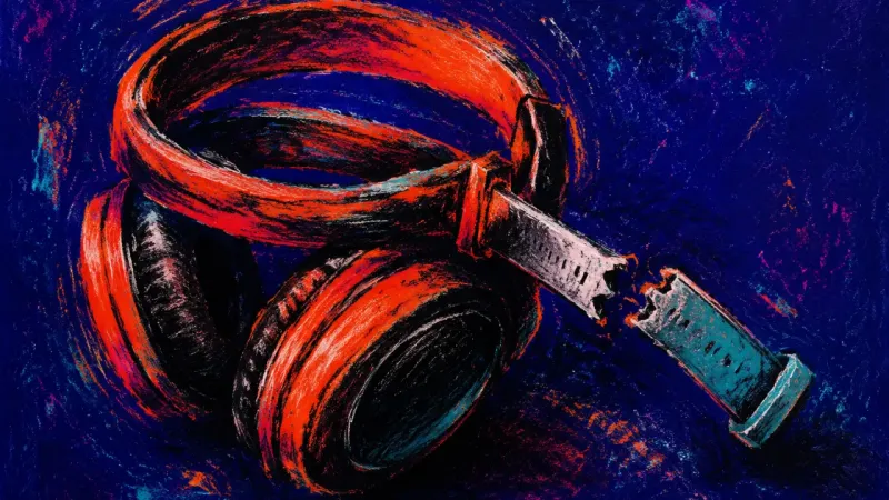 Over-ear headphones twisted until the earcups cross and the headband splits, symbolizing a career ​ 