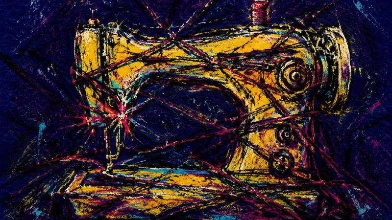 A sewing machine compressed by tangled lines, symbolizing career indecision distorted by family ​ 