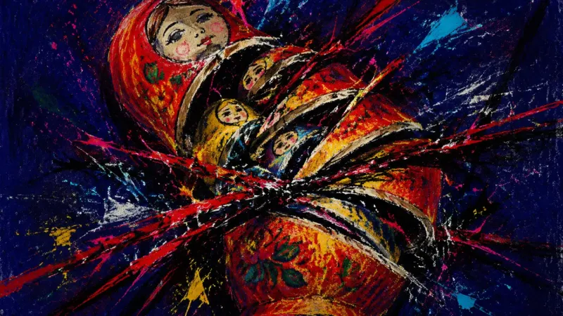 Layers Under Siege A nesting doll torn across every layer, representing accelerated intimacy, exposure, and the pressure to force mutual trust.