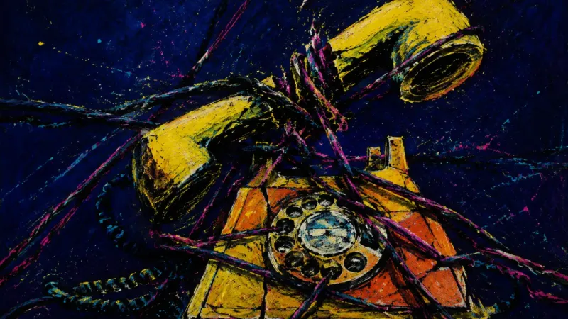 A distorted telephone tangled in knotted cords, representing family peacekeeper burnout and over-res