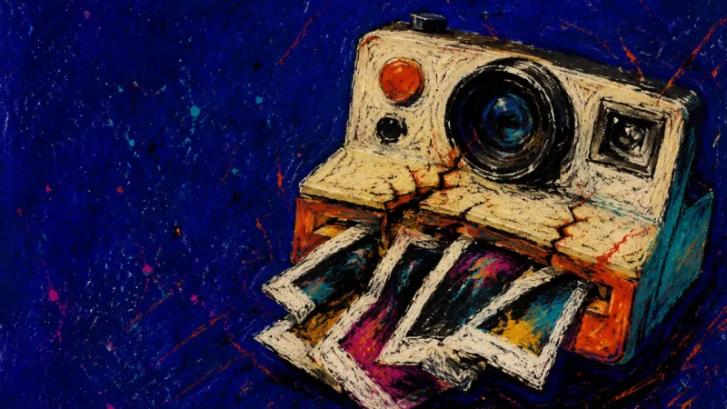The Fifth Retake Five photo retakes jam the output slot of an instant camera, symbolizing anger suppressed beneath a